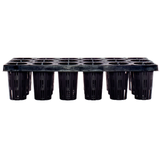 Black plastic seedling tray with multiple compartments on a white background