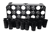 Black plastic nursery pots and a black plastic tray on a white background